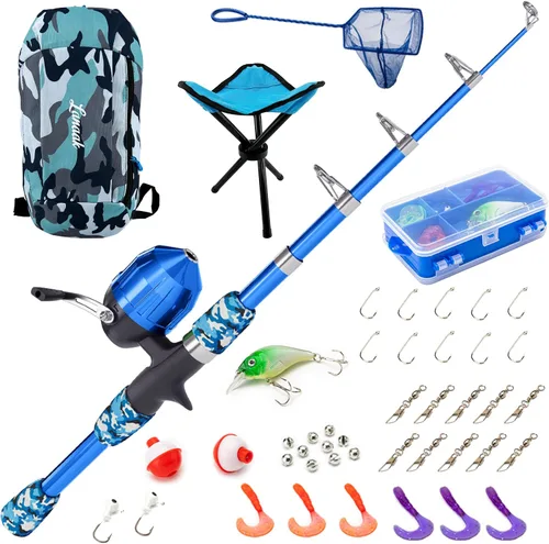 Vista 9 de Lanaak Caña de Pescar para Niños, Juego de Caña de Pescar Telescópica Portátil para Niños, Kit Combo de Caja de Aparejos y Red de Pesca, Equipo