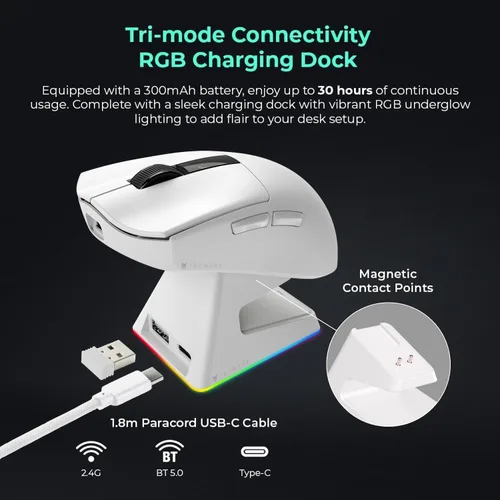 Vista 4 de TECWARE EX1 - Mouse ligero para juegos Mouse inalámbrico de 26 K DPI con pantalla OLED Diseño ultraligero de 2.08 oz Base de carga RGB Blanco