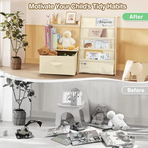 Vista 5 de Estantería infantil y organizador de juguetes 2 en 1, estante para libros para habitaciones de niños con cubo de juguetes móvil, estante de 4 Beige