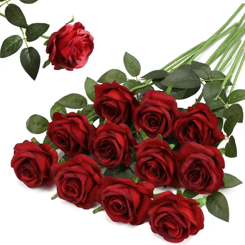 Vista 17 de Hawesome - Ramo de 12 rosas artificiales de seda con tallo largo para decoración del hogar, boda, fiesta (Negro-1)