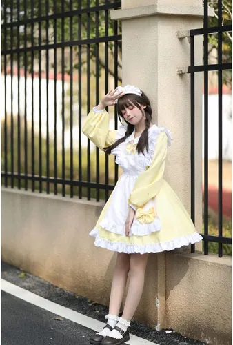 Vista 2 de Disfraz de sirvienta para mujer, talla grande, disfraz de sirvienta de Halloween, Lolita, anime japonés, delantal, vestido de sirvienta para fiesta