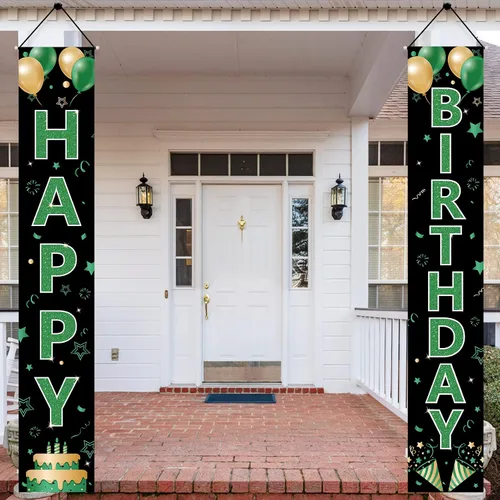 Vista 4 de Cartel verde para puerta de cumpleaños para mujeres y hombres, letrero de feliz cumpleaños verde negro dorado para porche, suministros de fiesta