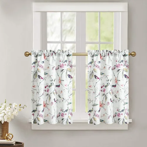 Vista 25 de Leeva - Cortinas pequeñas con estampado de pájaros, 24 pulgadas de largo, conjunto de paneles para ventanas, diseño de estampado de pájaros