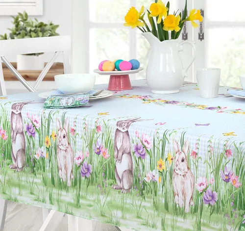 Vista 7 de Manteles Newbridge con diseño de Pascua, primavera, prado y conejos bordados, adorable tela de mantel con conejos y de color azul, con estampado a