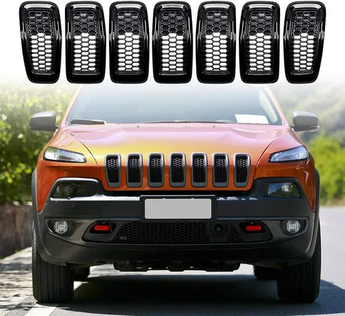 Vista 2 de Astra Depot Compatible con 2014-2018 Jeep Cherokee Kit de inserto de rejilla de malla tipo panal, 7 piezas, negro