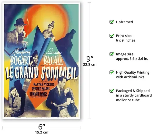 Vista 2 de The Big Sleep (Le Grand Sommeil) Starring Humphrey Bogart & Lauren Bacall - Vintage French Film Noir Movie Poster by Vicente Cristellys c.1946
