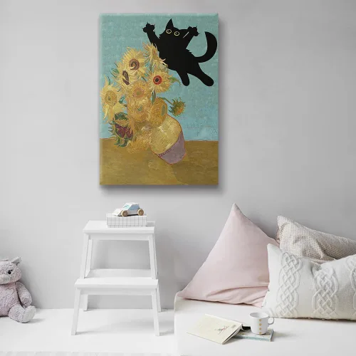 Vista 4 de Thcbme Arte de pared con diseño de gato, divertido diseño vintage de girasoles y gatos negros, póster retro para habitación, estética, sala