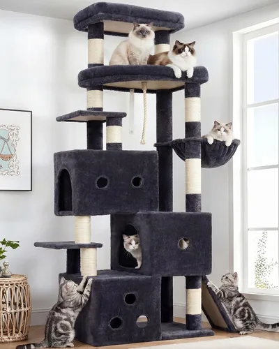 Vista 11 de Heybly Árbol para gatos, torre aerodinámica de 74 pulgadas para gatos grandes con condominios apilados de 3 niveles, muebles para gatos con percha