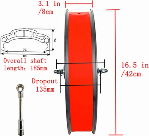 Vista 4 de 20x4.0 Rueda de bicicleta delantera gorda en bicicleta de nieve 20 pulgadas doble pared doble cojinete cubo 36x12G radios 5.315 in caída freno