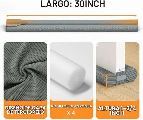 Vista 5 de fowong Tapón de corrientes de aire para puerta 30" Tapón de corrientes de aire ajustable debajo de la puerta, sello bloqueador de ruidos para Gris