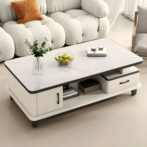 Vista 3 de LAKIQ Mesa de centro rectangular moderna con cajones de almacenamiento, mesa central para sala de estar, mesa central de madera fabricada