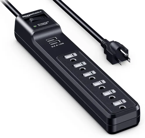 Vista 9 de Amazon Basics Regleta de protección contra sobretensiones con 6 tomas, 2 puertos USB, 1000 julios, cable de 6 pies de longitud, color negro