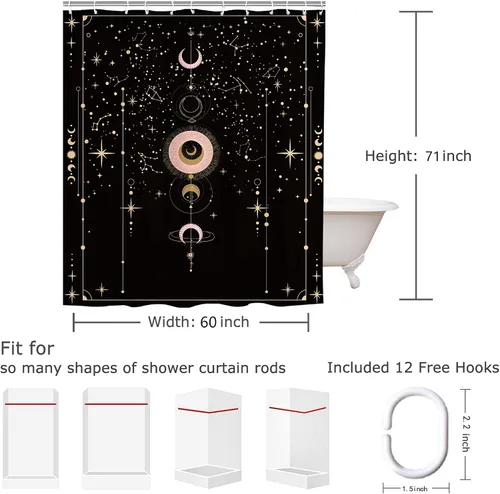 Vista 3 de Cortina de ducha gótica del zodiaco con fases lunares, constelación, astrología, galaxia, misteriosa, tarot, bruja, estética, 60 pulgadas de ancho