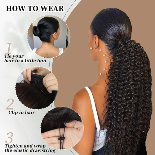 Vista 5 de Extensión de cola de caballo de cabello humano de 12 pulgadas con cordón rizado profundo para mujeres negras, extensión rizada 3C, color negro