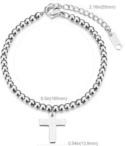 Vista 3 de Pulsera de cuentas de oro para mujer, cadena de cuentas de oro chapada en oro de 14 quilates con cruz y cadena de cola ajustable (2.16 pulgadas)