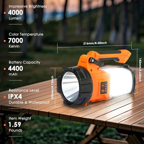 Vista 5 de BOBKID Linterna de campamento recargable con trípode, 6 modos, linterna LED de mano con 4000 lm, IPX4 impermeable reflector luz de trabajo