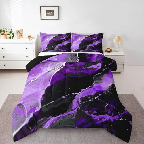 Vista 39 de Feelyou Juego de edredón abstracto para todas las estaciones, juego de ropa de cama negro y azul con 1 funda de almohada con estampado de mármol