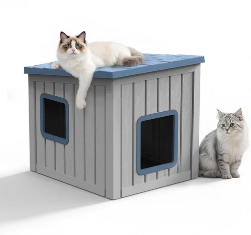 Vista 12 de PatioZen Cama para gatos de interior, casa en cubo, resistente a la intemperie, refugio aislado de plástico con suelo elevado, apilable