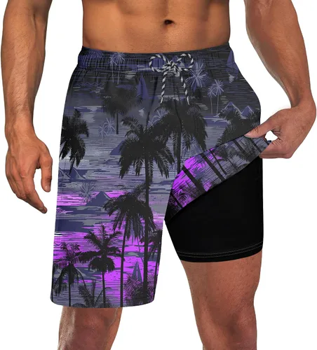 Vista 16 de Trajes de baño para hombre con forro de compresión 2 en 1 Shorts de tabla de 9 pulgadas de secado rápido con bolsillos Blanco