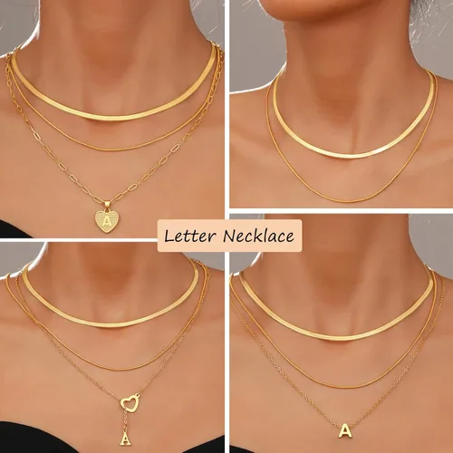 Vista 4 de FAXHION Gold Initial Necklaces for Women Girls, 3 Pcs 14K Gold Plated Letter Heart Pendant Necklaces, Dainty Gold Letter Necklace Set Layering
