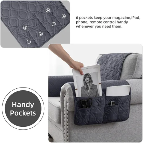 Vista 3 de Funda impermeable para reposabrazos de sofá de 1/2/3 plazas, con bolsillo, antideslizante, protector acolchado de muebles para sofá reclinable