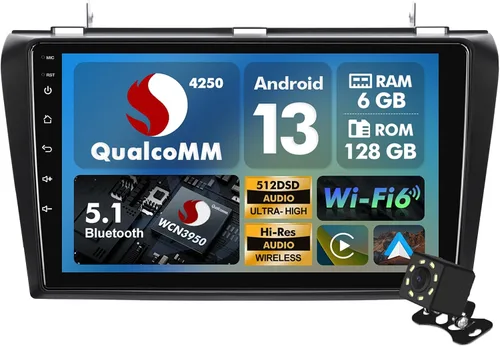 Vista 7 de 1+32G Android 13 Estéreo de Coche Doble DIN para Mazda 3 2004-2009 con Radio de Pantalla Táctil de 9 Pulgadas Integrado, Carplay Inalámbrico/Android