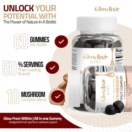 Vista 7 de Gomitas de hongos Mezcla de 10 hongos con melena de león, Reishi, Chaga y más Cordyceps para concentración y energía, memoria, inmunidad