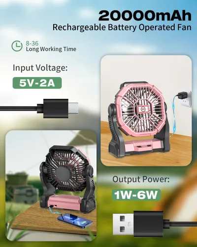 Vista 2 de AEscod Camping Fan Rechargeable, Cordless Battery Powered Camping Fan with LED Lantern, Hanging Hook, 270°Rotation, Personal Battery Operated for