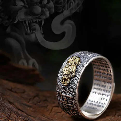 Vista 2 de JAJAFOOK Feng Shui - Anillo budista de buena suerte, amuleto de riqueza, Pixiu, dragón, loto, Jingang Chu, anillo de boda para hombres y mujeres