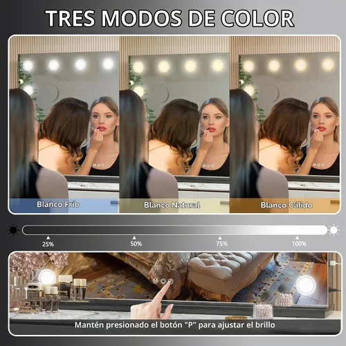 Vista 6 de Hasipu Espejo de tocador con luces, espejo de maquillaje de 32 x 24 pulgadas, espejo iluminado con 14 luces LED regulables y aumento de 10X, 3 modos