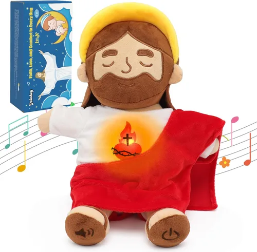 Vista 11 de Yelakey Muñeco de Jesús de Peluche Relajante con Luz y Sonido, Muñeco de Jesús Respirante de 15" de Peluche Suave Cristiano Católico Regalo Azul