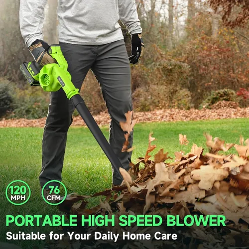 Vista 2 de Soplador de hojas inalámbrico con 2 baterías y cargador, soplador eléctrico de hojas de 20 V, soplador pequeño de hojas de 120 MPH, soplador