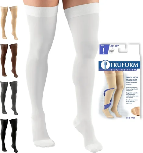 Vista 16 de Truform - Medias de compresión de 20-30 mmHg para hombres y mujeres, altura hasta el muslo, punta cerrada, con detalle de punto, beige, talla S