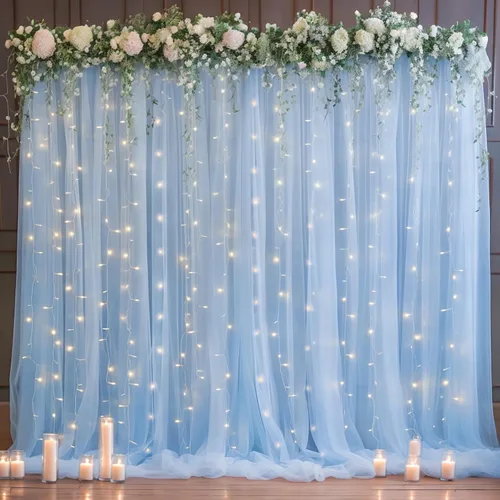 Vista 32 de Cortina de telón de fondo de tul azul bebé de 10 x 8 pies con cadena de luces para fiestas, cortinas de fondo transparentes para bodas, baby shower