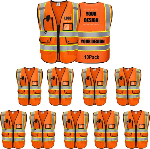 Vista 46 de Chaleco Reflectante Clase 2 de Seguridad ANSI con Bolsillos y Cremallera de Alta Visibilidad Uniforme de Construcción K-verde-1pack-custom