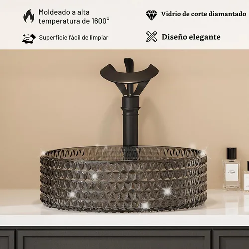 Vista 4 de Fregadero de Vaso de Vidrio Negro Lovedima, Lavabo de Tocador de Baño Sobre Encimera