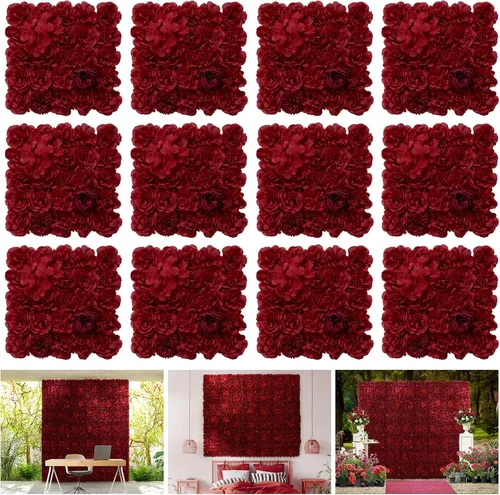 Vista 8 de Telón de fondo de pared de flores, 12 piezas de 16.5 x 16.5 pulgadas, panel de pared floral de rosa de seda artificial, decoración de pared ideal