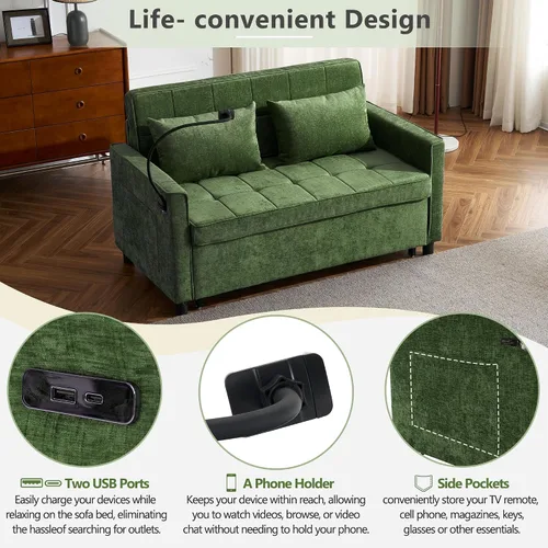 Vista 5 de Harper & Bright Designs Sofá cama convertible moderno de 56.9 pulgadas, sofá biplaza con bolsillos laterales, dos puertos USB, soporte para teléfono