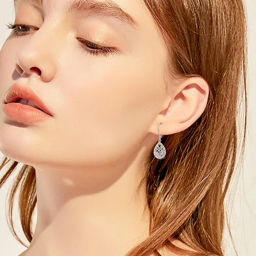 Vista 99 de Aretes colgantes de filigrana de plata de ley 925, margarita, loto, flor de rosa, piedra lunar, lágrima para mujer, nudo celta infinito, margarita