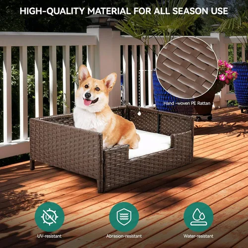 Vista 4 de YITAHOME Sofá cama de ratán para perro con cojín, cama de mimbre para mascotas, sofá para interiores y exteriores, agua no afectada para perros
