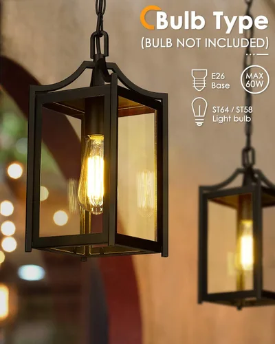 Vista 4 de Lámpara Colgante para Exteriores, 14" Luz Colgante Moderna Grande para Porche con Cadena Ajustable, Linterna Colgante Exterior Negra con Vidrio