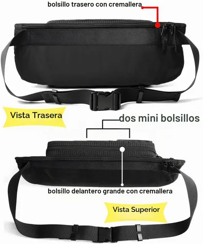 Vista 5 de Riñonera grande impermeable negra para hombres y mujeres, bolsa de cinturón, bolsa de cadera con correa ajustable, riñonera ligera de primera