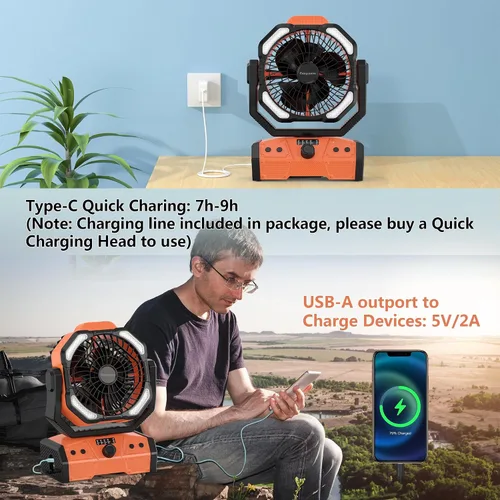 Vista 5 de Easywave Ventilador de camping con linterna LED: tienda de campaña de 20000 mAh recargable con batería para exteriores, ventilador oscilante