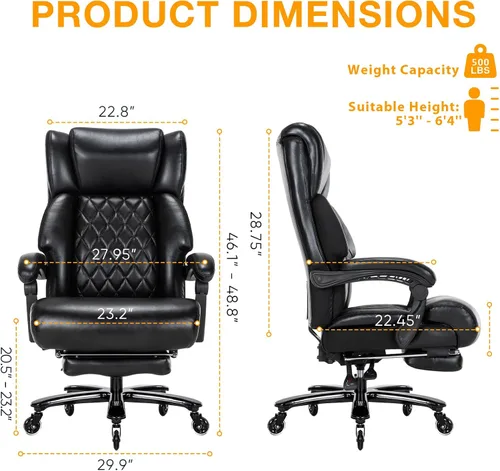 Vista 3 de Silla de oficina ejecutiva grande y alta, 500 libras, silla de escritorio de piel sintética resistente, altura ajustable de 90° a 155°, silla