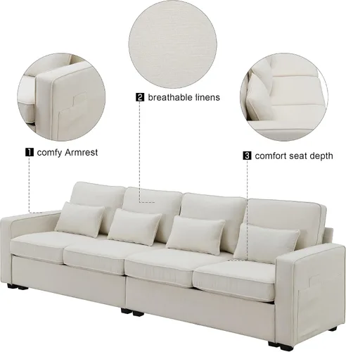 Vista 3 de LUMISOL Moderno sofá de 4 plazas, cómodo sofá modular tapizado con bolsillos para reposabrazos y 4 almohadas, sofá de estilo minimalista para sala