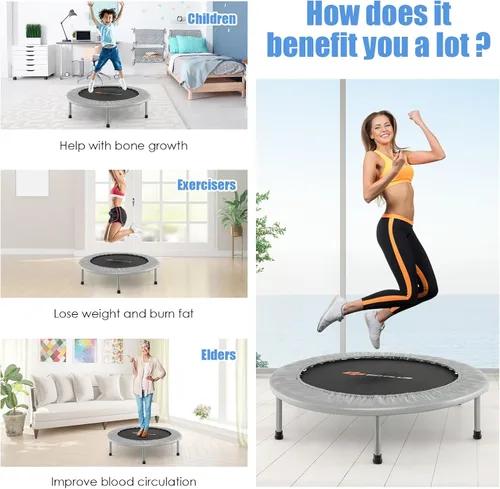 Vista 9 de Goplus Mini trampolín plegable, 36 pulgadas/38 pulgadas, rebotador de fitness plegable para adultos, trampolín de ejercicio portátil