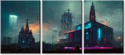 Vista 39 de Arte de pared de 3 piezas de escena de ciencia ficción de la calle comercial futurista paisaje urbano, decoración de pared para dormitorio