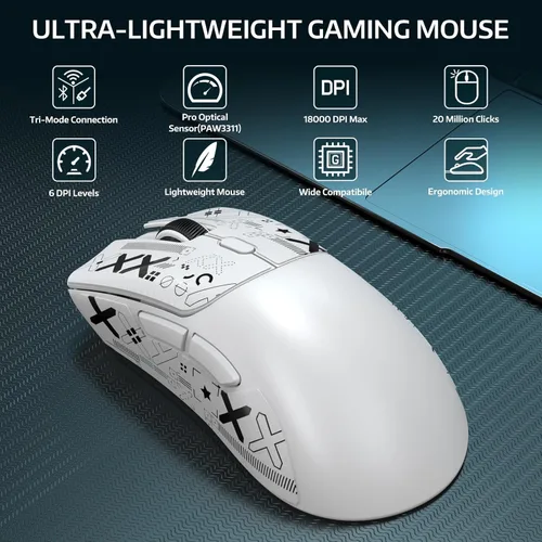 Vista 2 de ATTACK SHARK R1 Ratón inalámbrico para juegos, conexión tri-modo (2.4G/con cable/BT5.2), 55g de peso ligero, sensor óptico de 18K DPI, vida útil