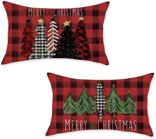 Vista 21 de ONWAY Juego de 2 fundas de almohada de Navidad de 16 x 16 pulgadas, fundas de almohada de Navidad de búfalo rojo a cuadros, color negro y verde Beige