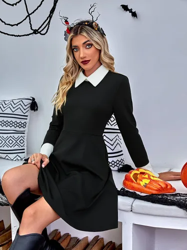 Vista 4 de GIKING Disfraz de Halloween Addams, disfraz familiar para mujer, vestido de miércoles para adultos, vestido vintage de piso de morticia